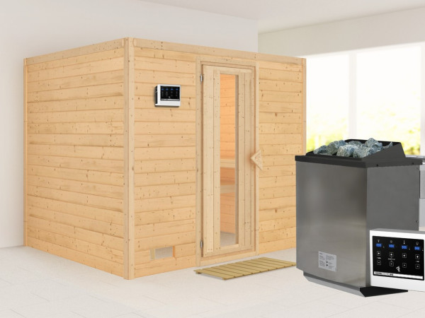 Massieve sauna Sonara houten deur met geïsoleerd glas, incl. 9 kW Bio-Combi-kachel ext. besturing