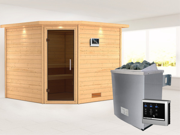 Massieve sauna Leona met dakkraag, grafiet glazen deur + 9 kW saunakachel met ext. besturing