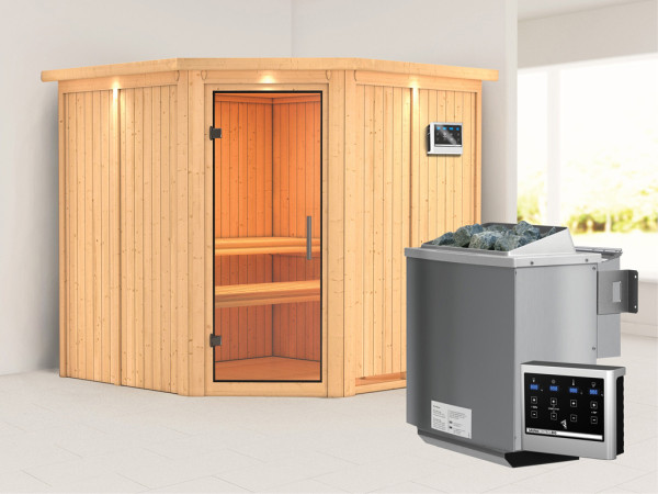 Systeemsauna Jarin met dakkraag, transparent glazen deur + 9 kW Bio-Combi-kachel met ext. besturing