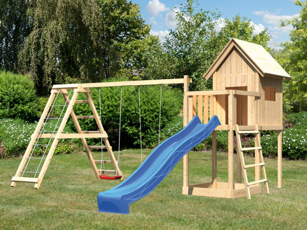 Steltenhuis set Frieda naturel, incl. glijbaan blauw, schommel en klimrek