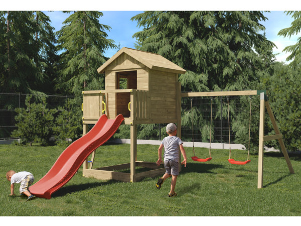 Speeltoren speelhuisje op palen Galaxy S incl. dubbele schommel onder druk geïmpregneerd + glijbaan