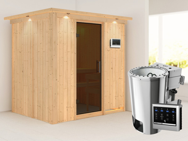 Systeemsauna Fanja met dakkraag, grafiet glazen deur + Plug & Play Bio-kachel met ext. besturing