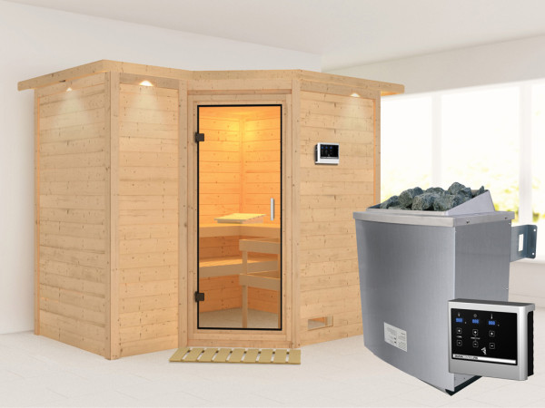 Massieve sauna Sahib 2 met dakkraag, transparent glazen deur + 9 kW saunakachel met ext.besturing