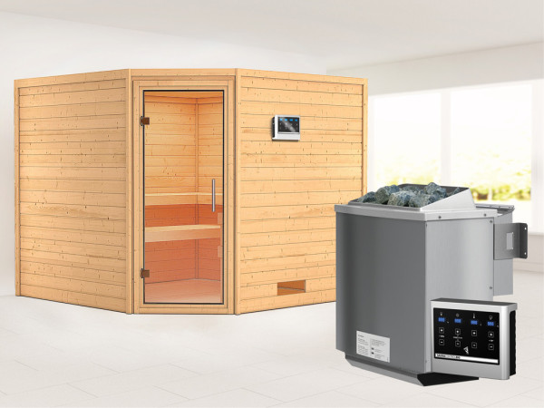 Massieve sauna Leona transparent glazen deur + 9 kW Bio-Combi-kachel met ext. besturing