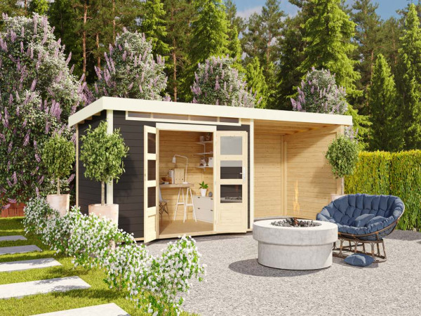 Tuinhuis SET Kandern 7 28 mm terragrijs, incl. 3,2 m aanbouwdak + achterwand