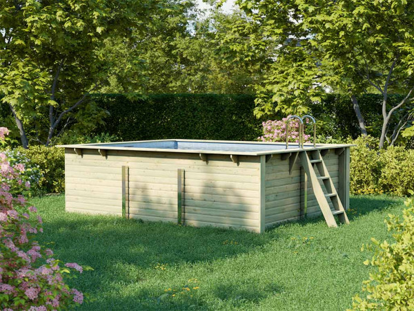 Massief houten zwembad rechthoekig zwembad 2 spaarset incl. filtersysteem Trend Top, Zwembadterras