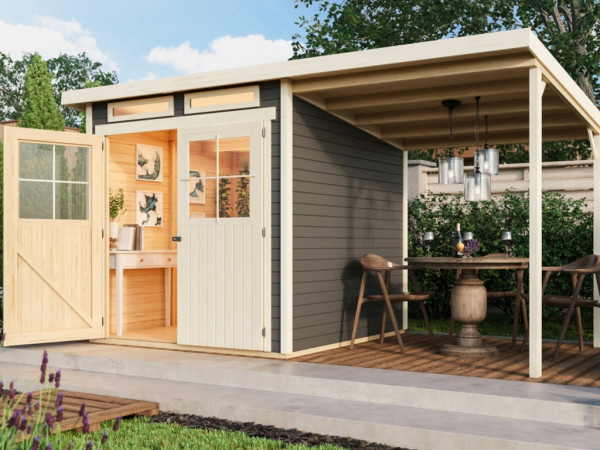 Tuinhuis Glücksberg 3 19 mm terragrijs incl. 1,9 m aanbouwdak