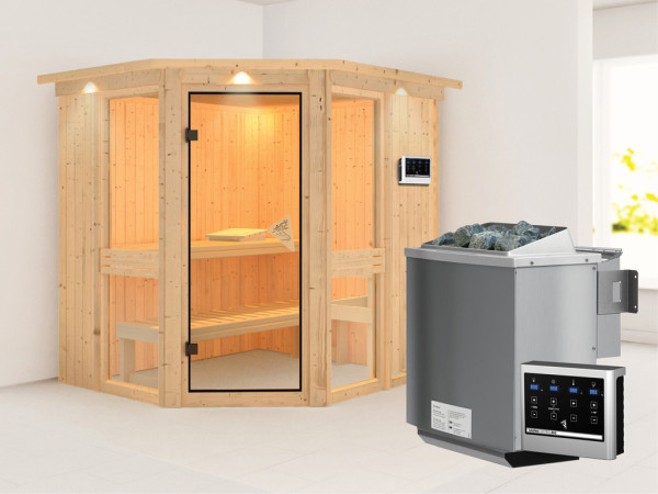 Systeemsauna Amelia 1 met dakkraag, incl. 9 kW Bio-Combi-kachel ext. besturing