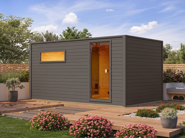 Buitensauna Lenchen 6 terragrijs met voorruimte en bronzen volledig glazen deur