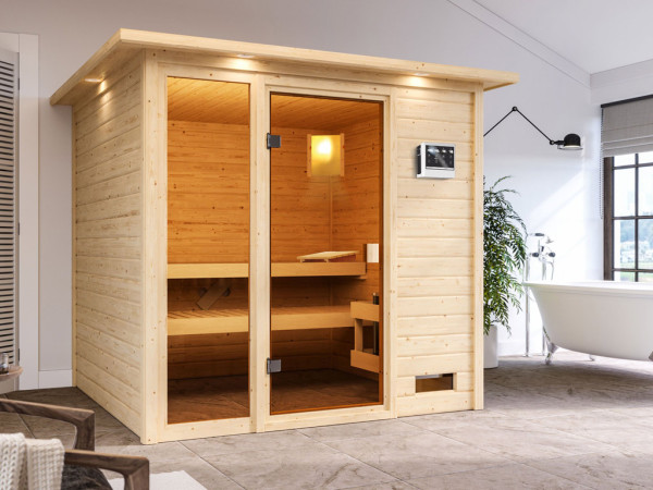 Sauna Jutta met gebronsde glazen deur en dakkraag + 9 kW Bio-Combi-kachel ext. besturing