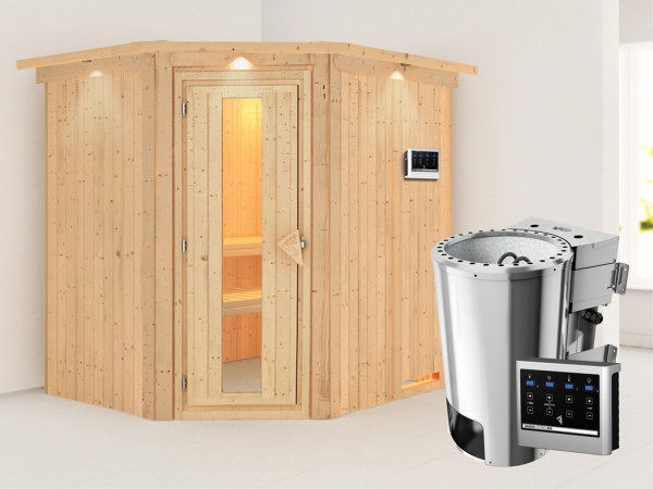 Systeemsauna Lilja met dakkraag, energiebesparende deur, Plug & Play Bio-kachel met ext. besturing