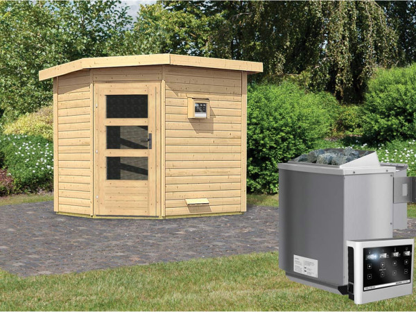 Saunahuis Mikka met transparente glazen deur, incl. 9 kW Bio-Combi-kachel met ext. besturing