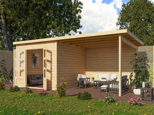 Tuinhuis Wacken 8 28 mm terragrijs incl. 4 m aanbouw + achterwand