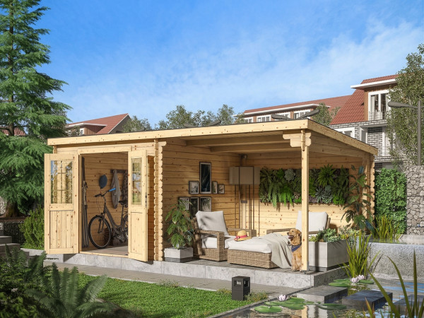 Tuinhuis blokhut CA2977 28 mm naturel met 3 m aanbouw