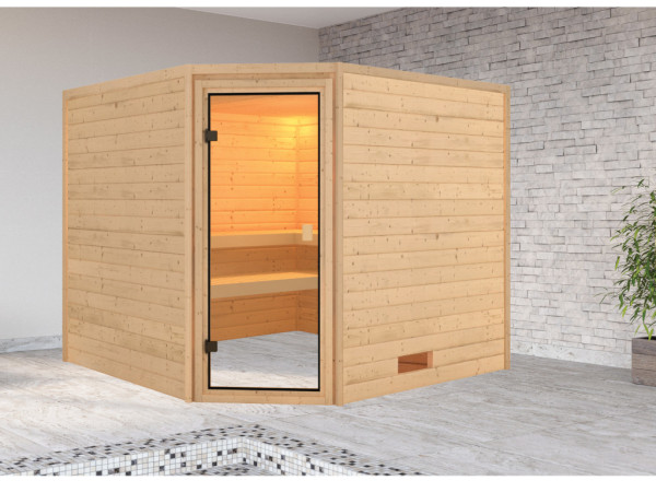 Karibu massief houten sauna 38mm Lina SPARSET incl. 9 kW saunakachel en extra bedieningspaneel