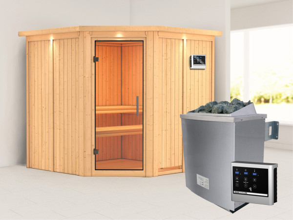 Systeemsauna Jarin met dakkraag, transparent glazen deur + 9 kW saunakachel met ext. besturing