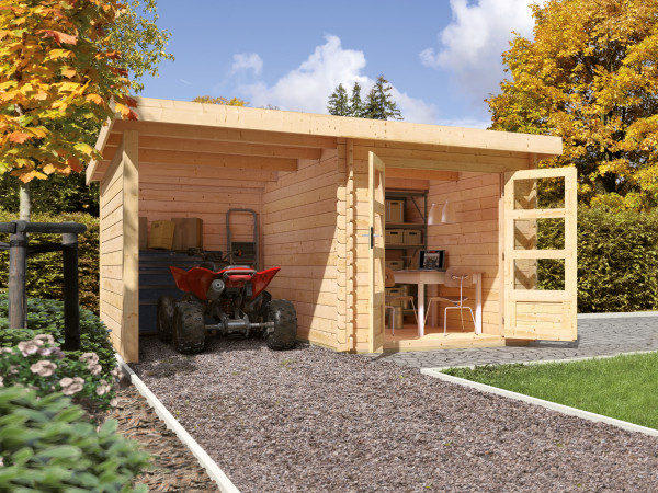 Tuinhuisje Blokhut SET Bastrup 2 28 mm natuurlijke afwerking, incl. 2 m aangebouwd dak