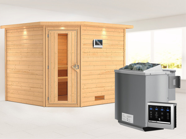 Massieve sauna Leona met dakkraag, energiebesparende deur + 9 kW Bio-Combi-kachel met ext. besturing