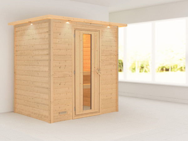 Massieve sauna Sonja met dakkraag, houten deur met geïsoleerd glas