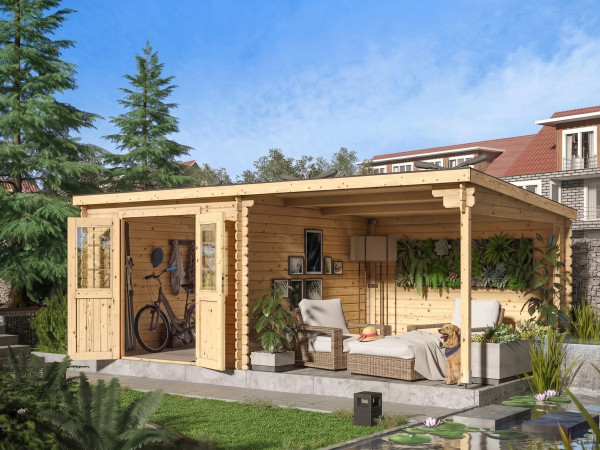 Tuinhuis blokhut CA2977 28 mm naturel met 3 m aanbouw