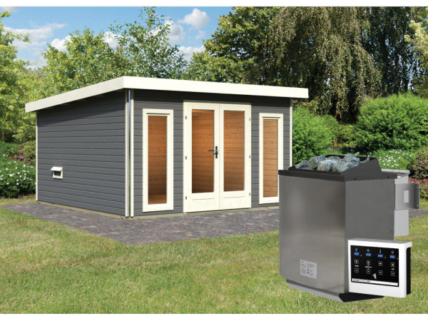 Saunahuis Mainburg 3 terragrijs 38 mm incl. Bio-Combi-kachel 9 kW + ext. besturing