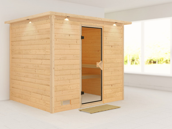 Massieve sauna Sonara met dakkraag, kompleet transparente gebronsde glazen deur
