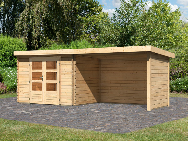 Blokhut tuinhuis SET Bastrup 3 28 mm natuurlijke afwerking, incl. 3 m aanbouwdak + zij--achterwand