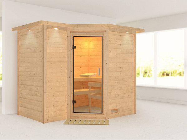 Massieve sauna Sahib 2 met dakkraag, transparent glazen deur