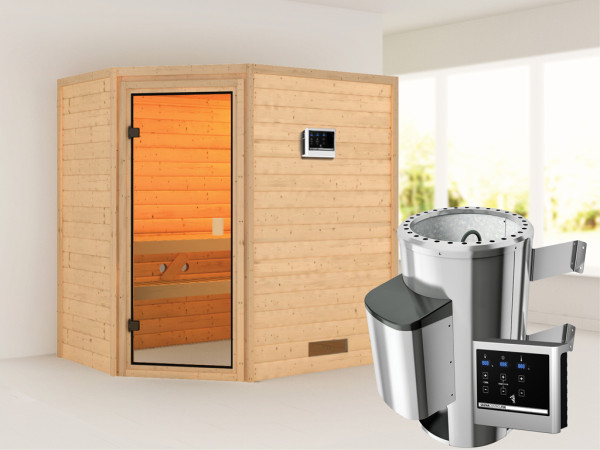 Sauna Jella met gebronsde glazen deur + 3,6 kW Plug & Play saunakachel ext. besturing