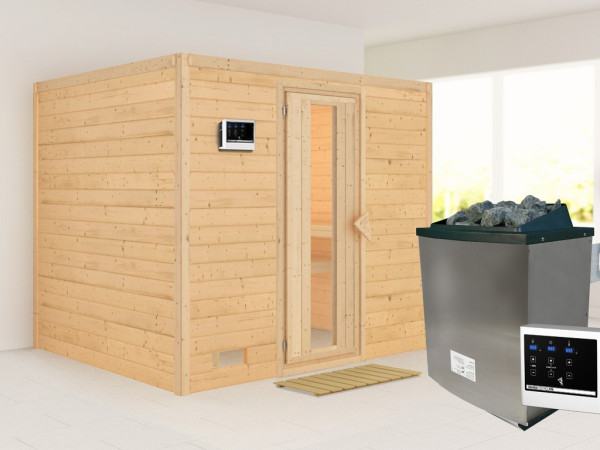 Massieve sauna Sonara houten deur met geïsoleerd glas, incl. 9 kW saunakachel ext. besturing