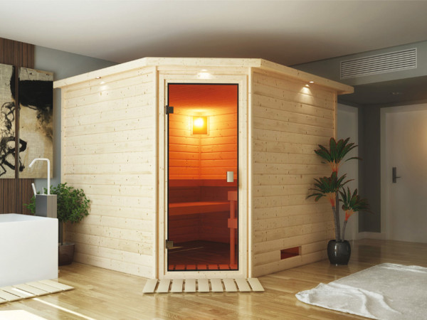 Sauna massief houten sauna SPAARSET Lina 9 kW kachel met ext. Bedieningsunit + verbindingskabel