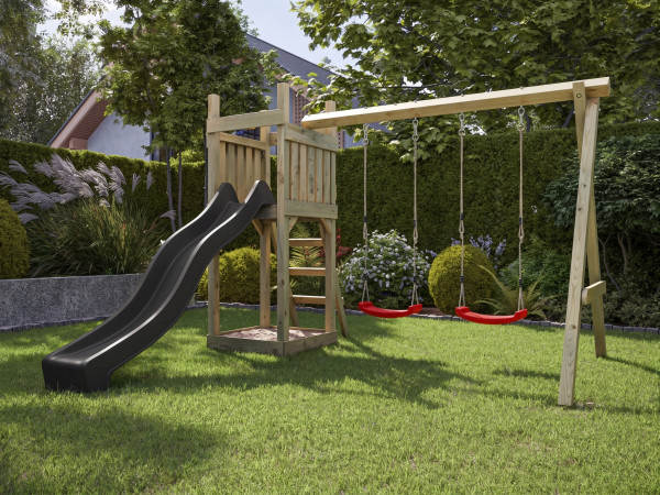 Geïmpregneerde houten speeltoren Skinny incl. dubbele schommel met grijze glijbaan en rode schommelz