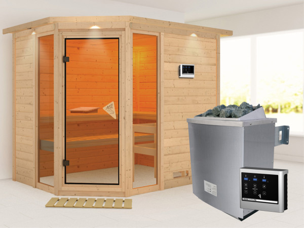 Massieve sauna Sinai 3 met dakkraag, incl. 9 kW saunakachel ext. besturing