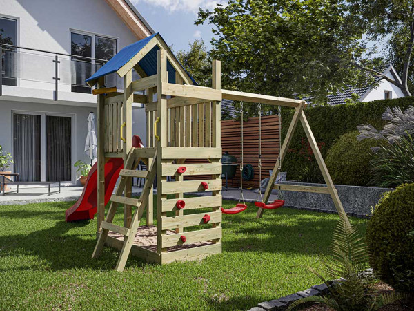 Geïmpregneerde speeltoren "Speedy" met dubbele schommel, incl. rode glijbaan en rode schommelzitjes