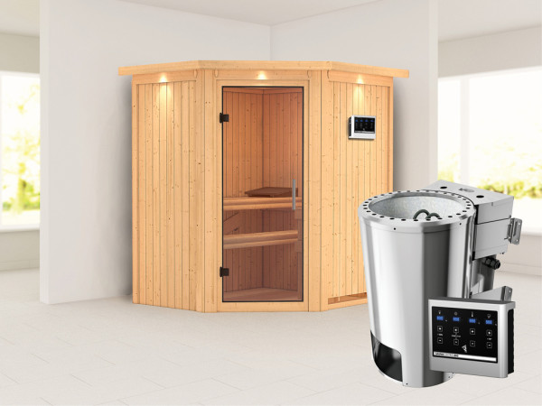 Systeemsauna Tonja met dakkraag, transparent glazen deur + Plug & Play Bio-kachel met ext. Steu