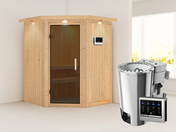 Systeemsauna Nanja met dakkraag, grafiet glazen deur + Plug & Play Bio-kachel met ext. besturing