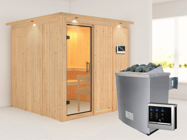 Systeemsauna Rodin met dakkraag, transparent glazen deur + 9 kW saunakachel met ext. besturing