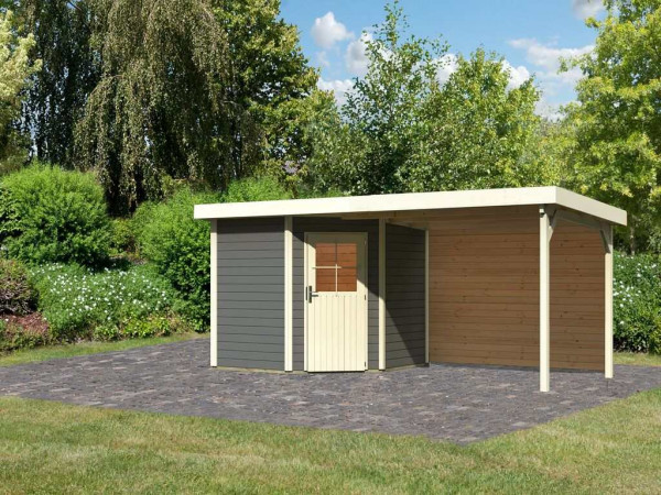 Tuinhuisje SET Neuruppin 2 28 mm terra grijs, incl. 3,2 m aanbouwdak + achterwand