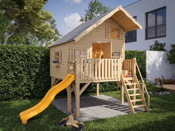 Paalhuis Tom XL 15 mm naturel incl. veranda, Palen en glijbaan geel