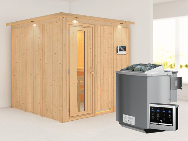 Systeemsauna Rodin met dakkraag, houten deur met geïsoleerd glas, incl. 9kW Bio-Combi-kachel