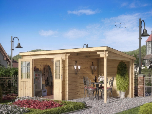 Tuinhuis blokhut CA2976 28 mm onbehandeld met 2 m aanbouw