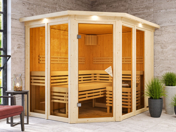 Sauna Ainur met gebronsde glazen deur en dakkraag + 9 kW saunakachel int. besturing