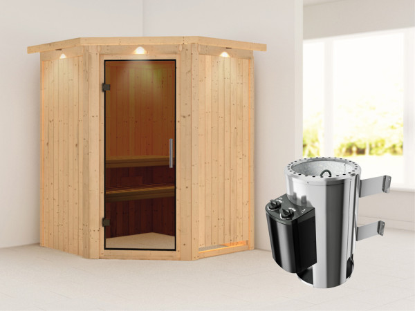 Systeemsauna Nanja met dakkraag, grafiet glazen deur + Plug & Play saunakachel met besturing