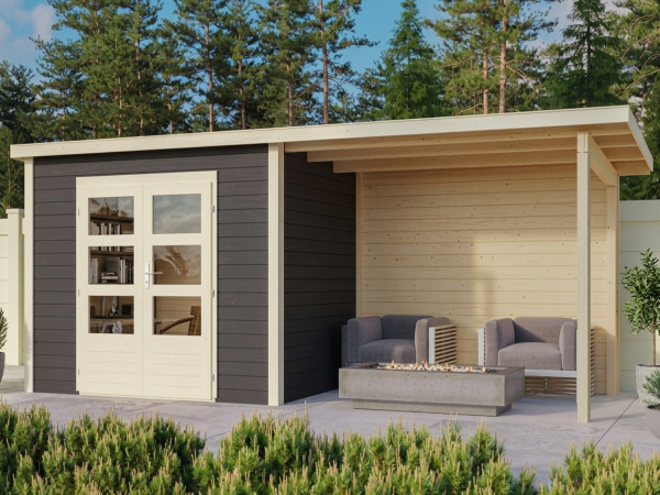 Tuinhuis Wacken 5 28 mm terragrijs incl. 3 m aanbouw + achterwand