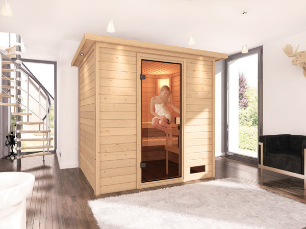 Massieve sauna Anja met dakkraag, incl. 4,5 kW kachel met int. besturing