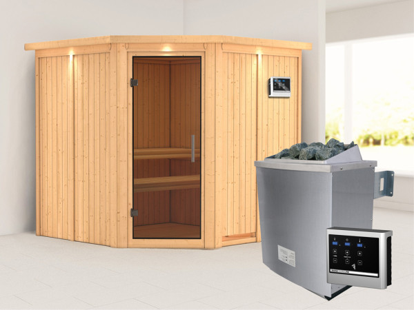 Systeemsauna Jarin met dakkraag, grafiet glazen deur, incl. 9 kW saunakachel ext. besturing