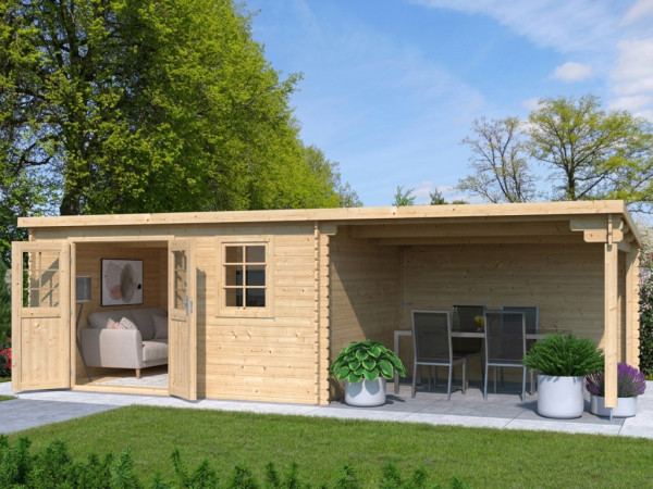 Tuinhuis blokhut CA2987 28 mm onbehandeld met 3 m aanbouw