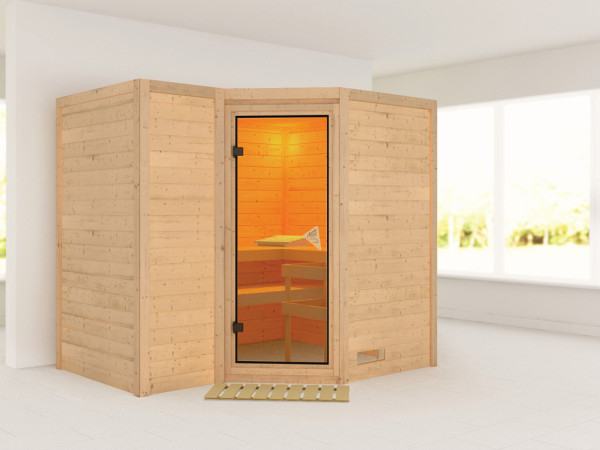 Massieve sauna Sahib 2 kompleet transparente gebronsde glazen deur