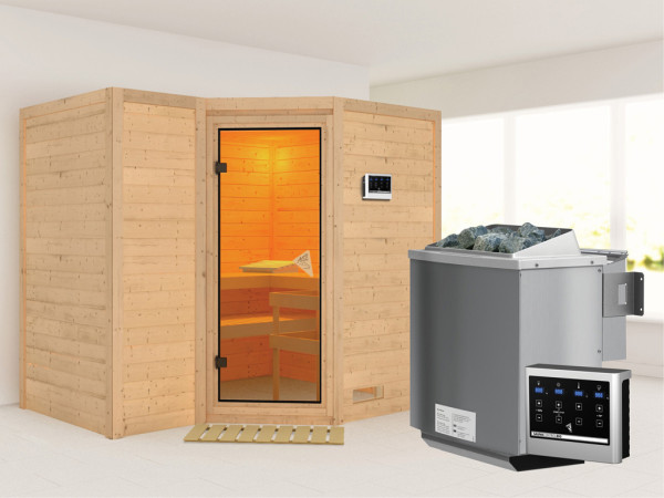 Massieve sauna Sahib 2 kompleet transparente gebronsde glazen deur incl. 9 kW Bio-kachel