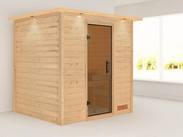 Massieve sauna Anja met dakkraag, grafiet glazen deur